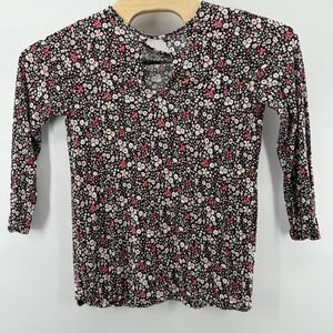 Floral Print Shirt Womens S/M Black Pink White Long Sleeve Stretch Top Casual
